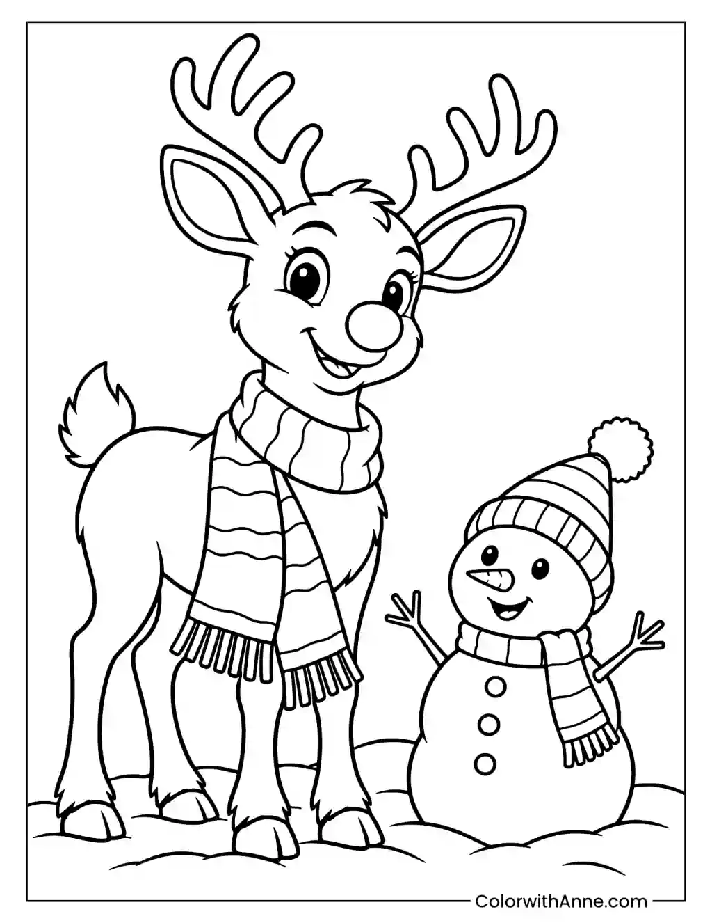 Rudolph in a Scarf with a Little Snowman Coloring Page