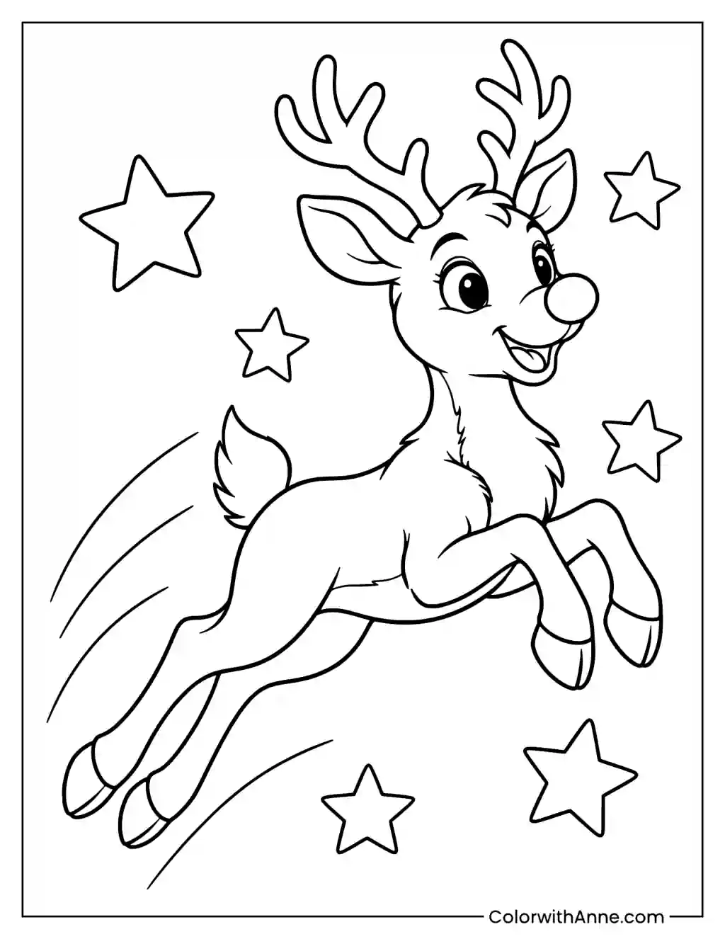 Rudolph Jumping Among Stars Coloring Page
