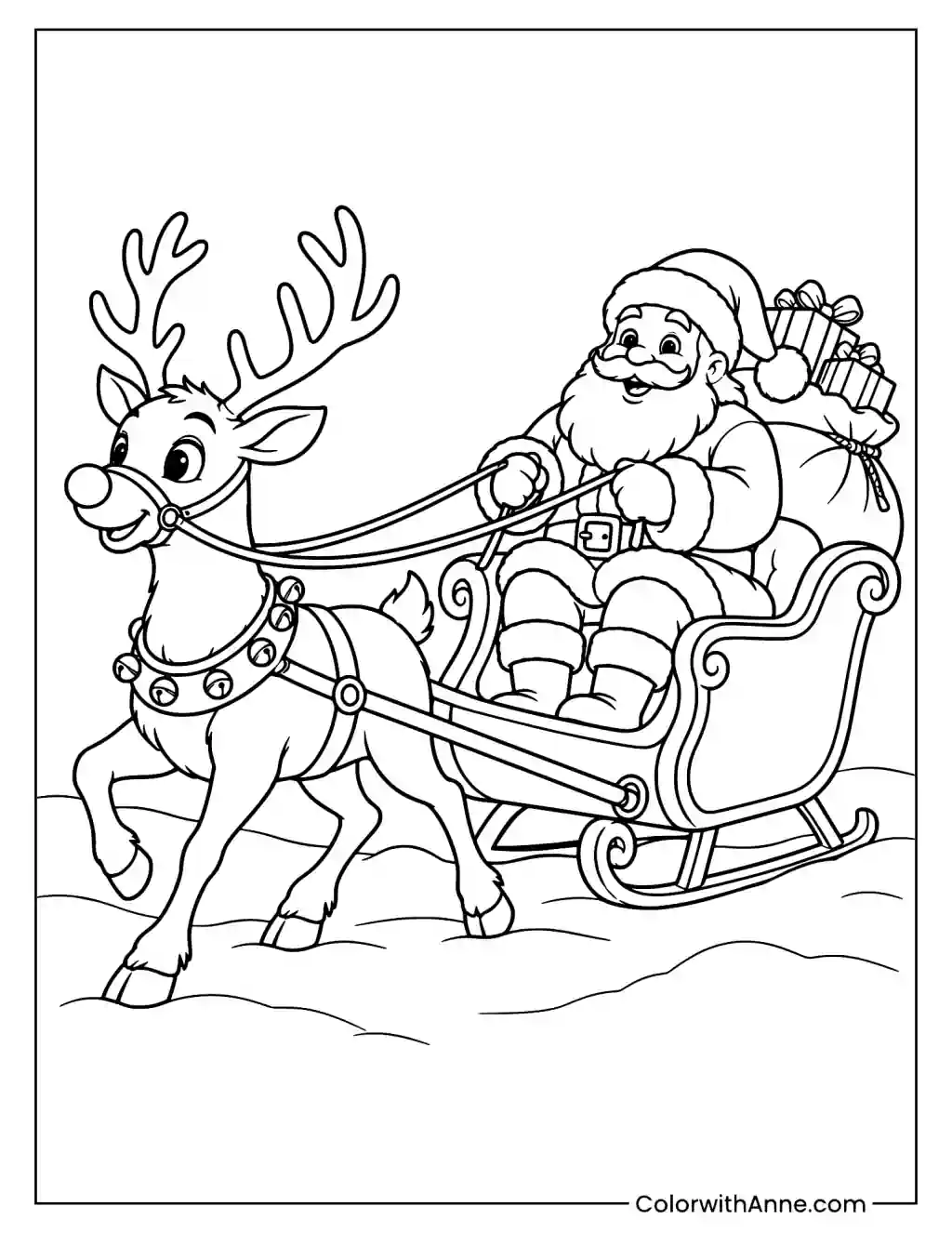Rudolph Pulling Santa's Sleigh Coloring Page