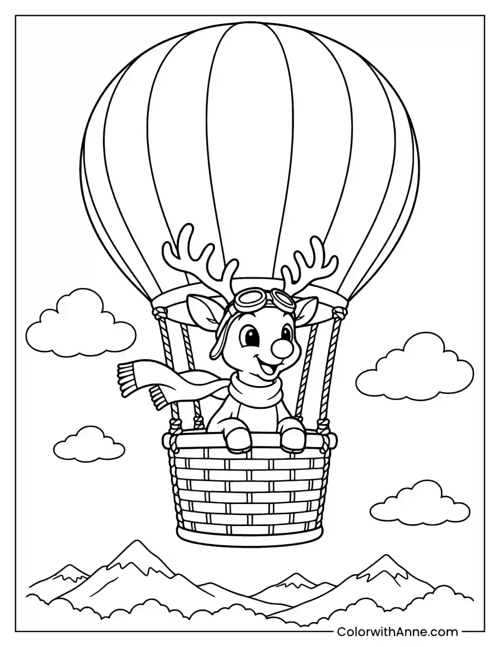 Rudolph Riding in a Hot Air Balloon Coloring Page