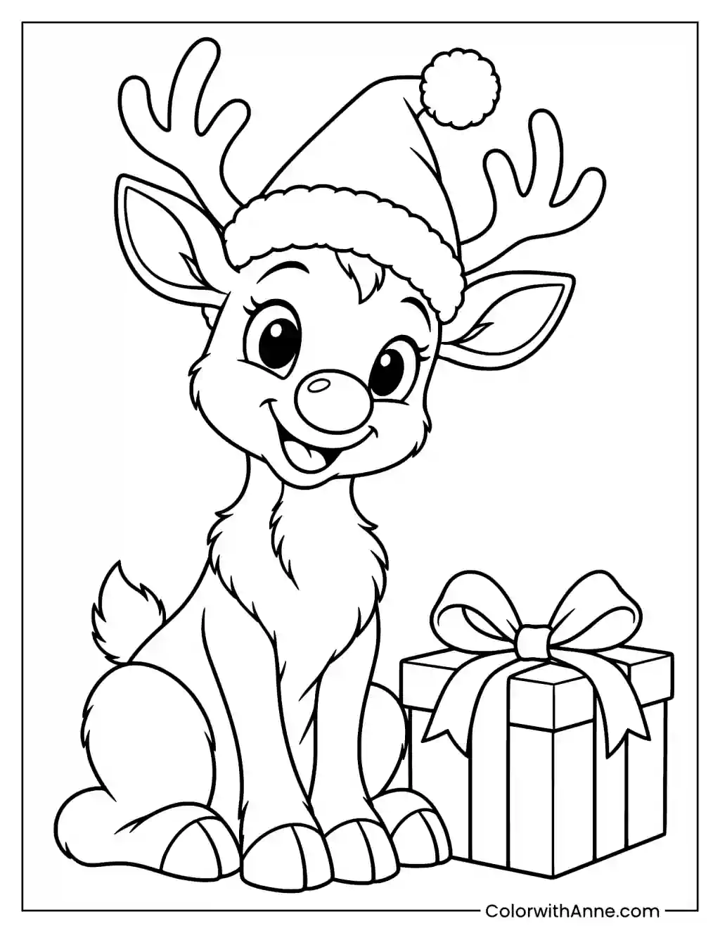 Rudolph with Christmas Hat and Present Coloring Page