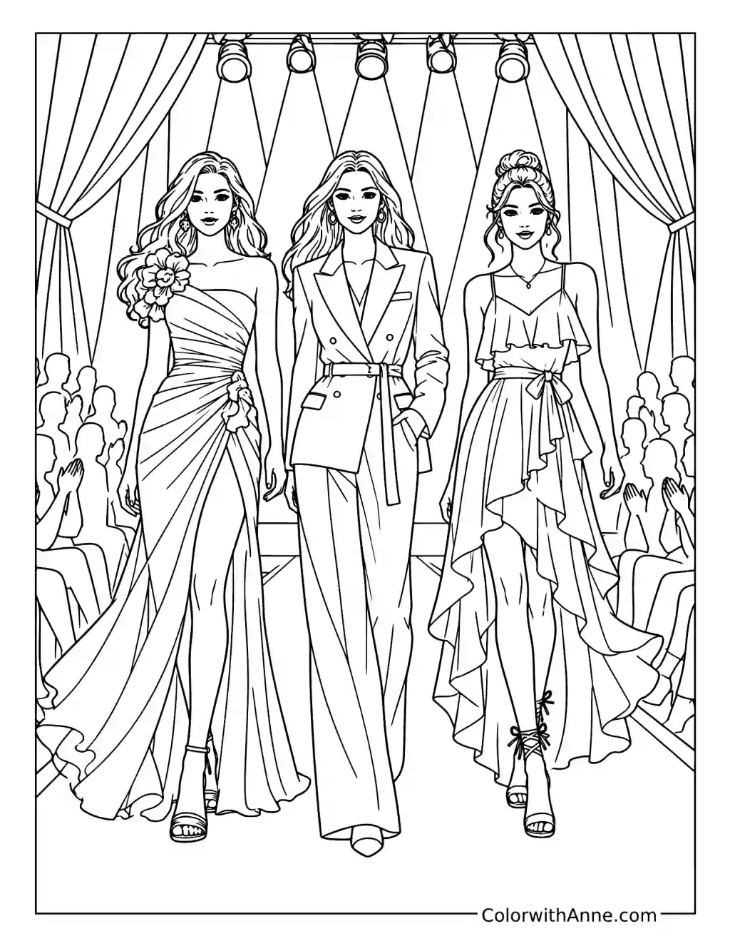 Runway Finale – Three Fashion Looks coloring page