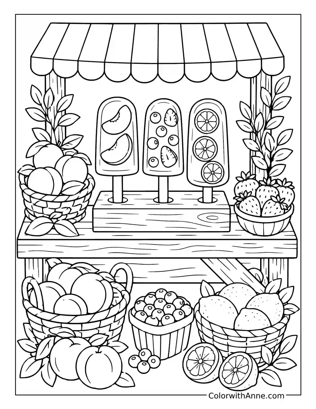 Rustic Farm Stand Fruit Popsicles coloring page