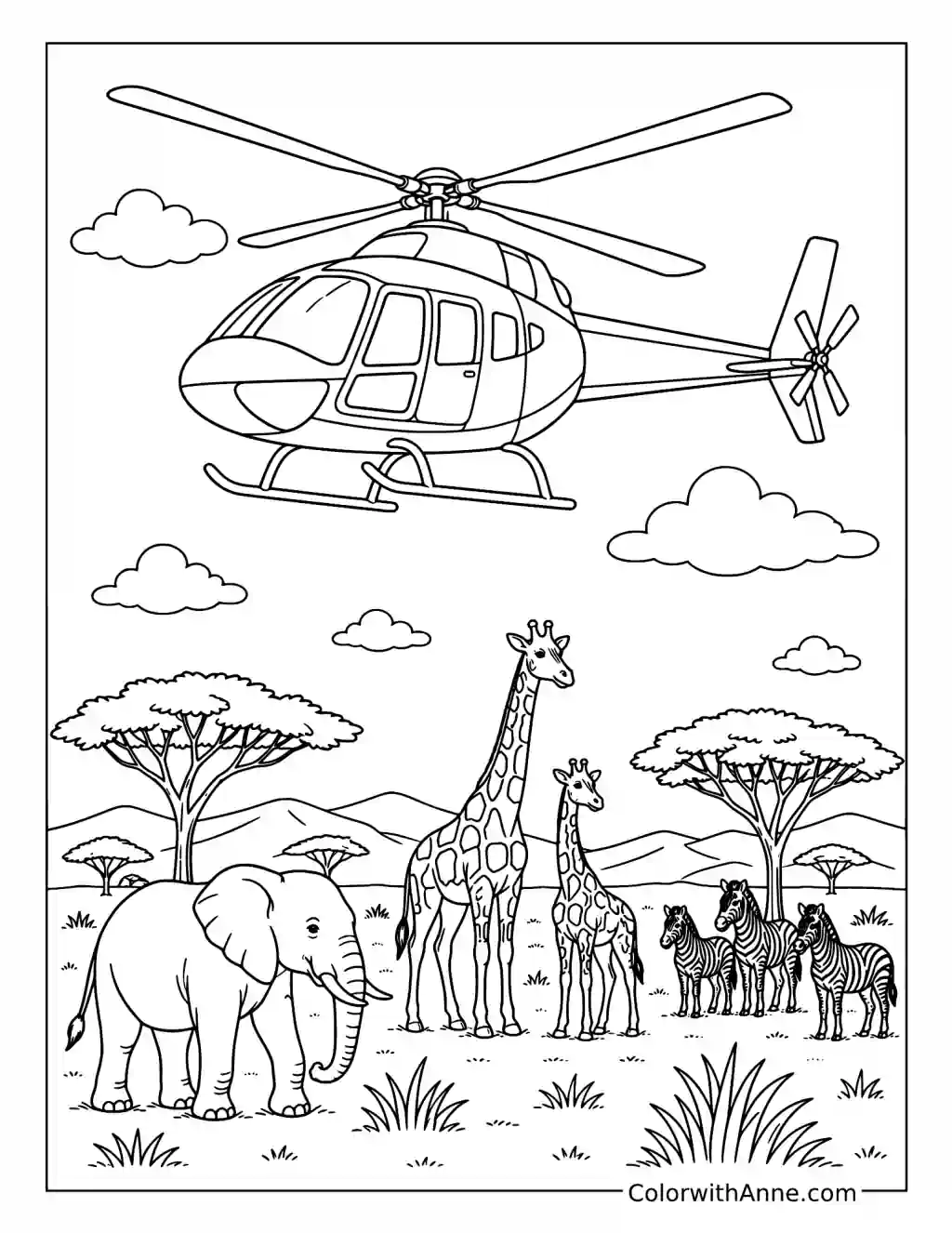 Safari Helicopter Over the Savanna coloring page