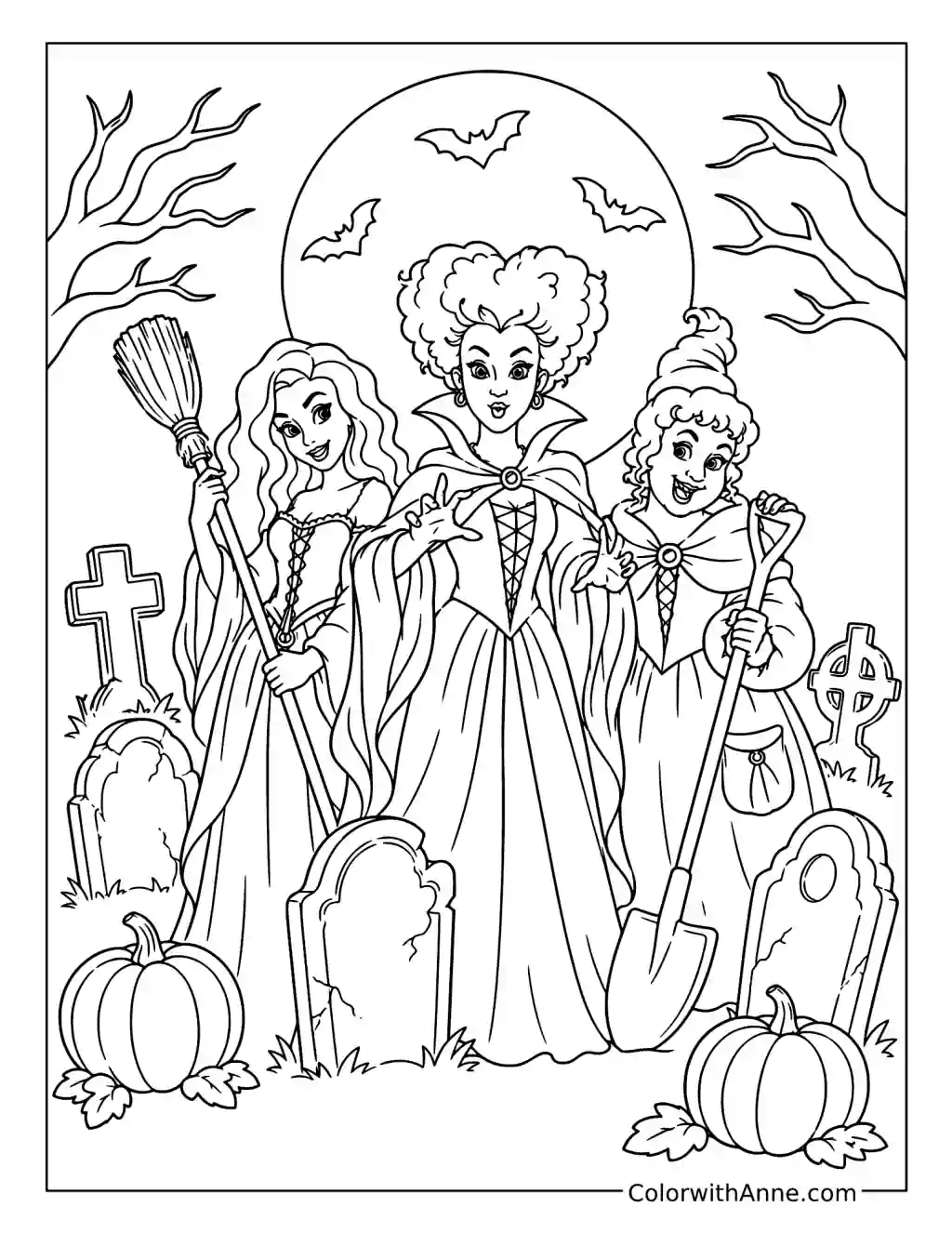 Sanderson Sisters in the Graveyard coloring page