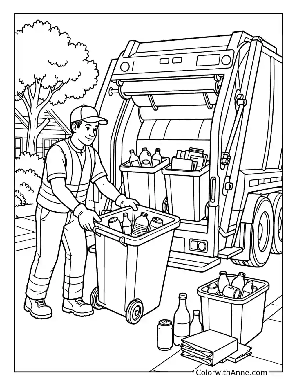 Sanitation Worker and Recycling Truck coloring page