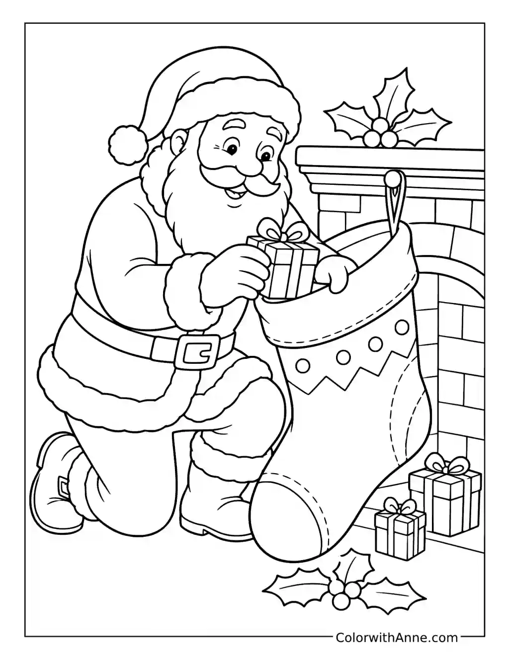 Santa Filling a Christmas Stocking coloring page