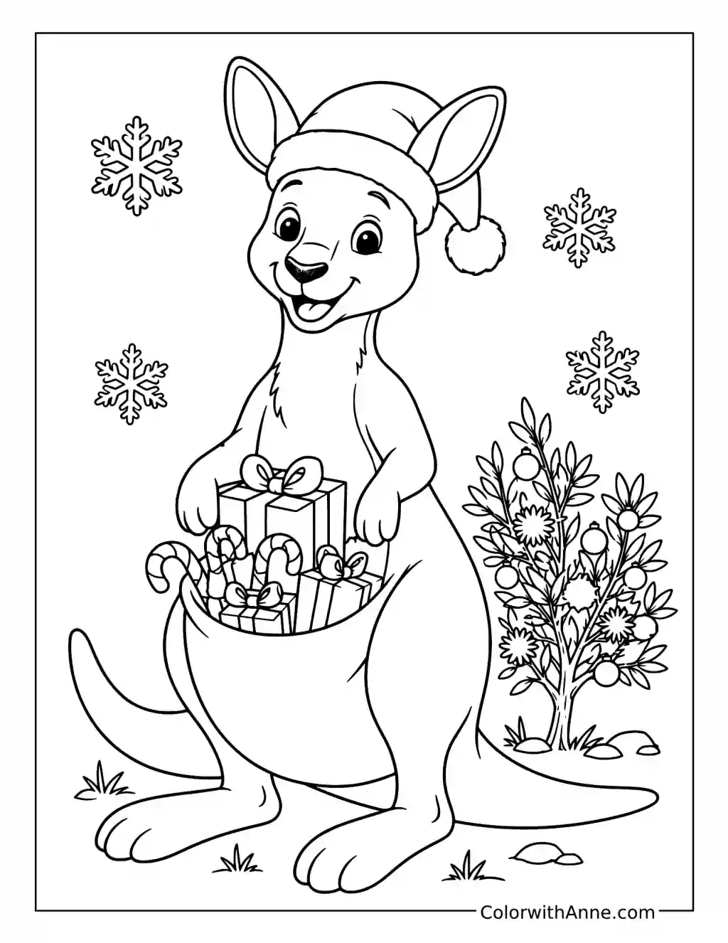 Santa Kangaroo with Presents and Candy Canes coloring page
