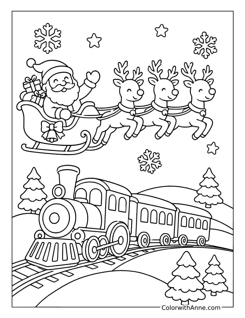 Santa's Sleigh Above the Polar Express coloring page