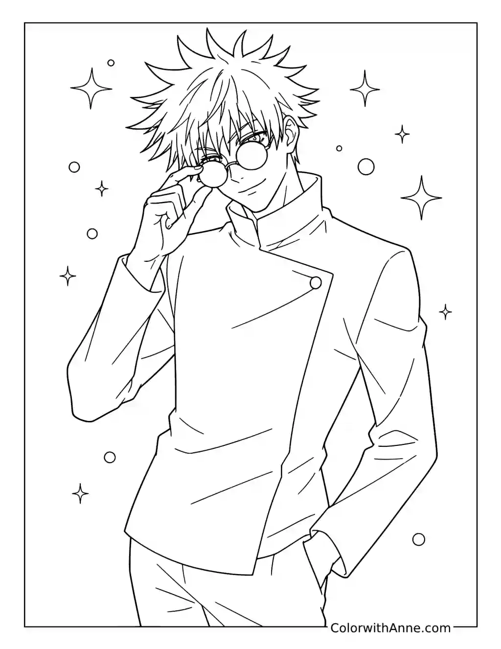 Satoru Gojo Adjusting His Round Sunglasses coloring page