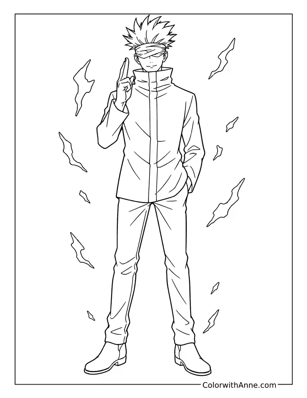 Satoru Gojo Raising Two Fingers amid Energy Streaks coloring page