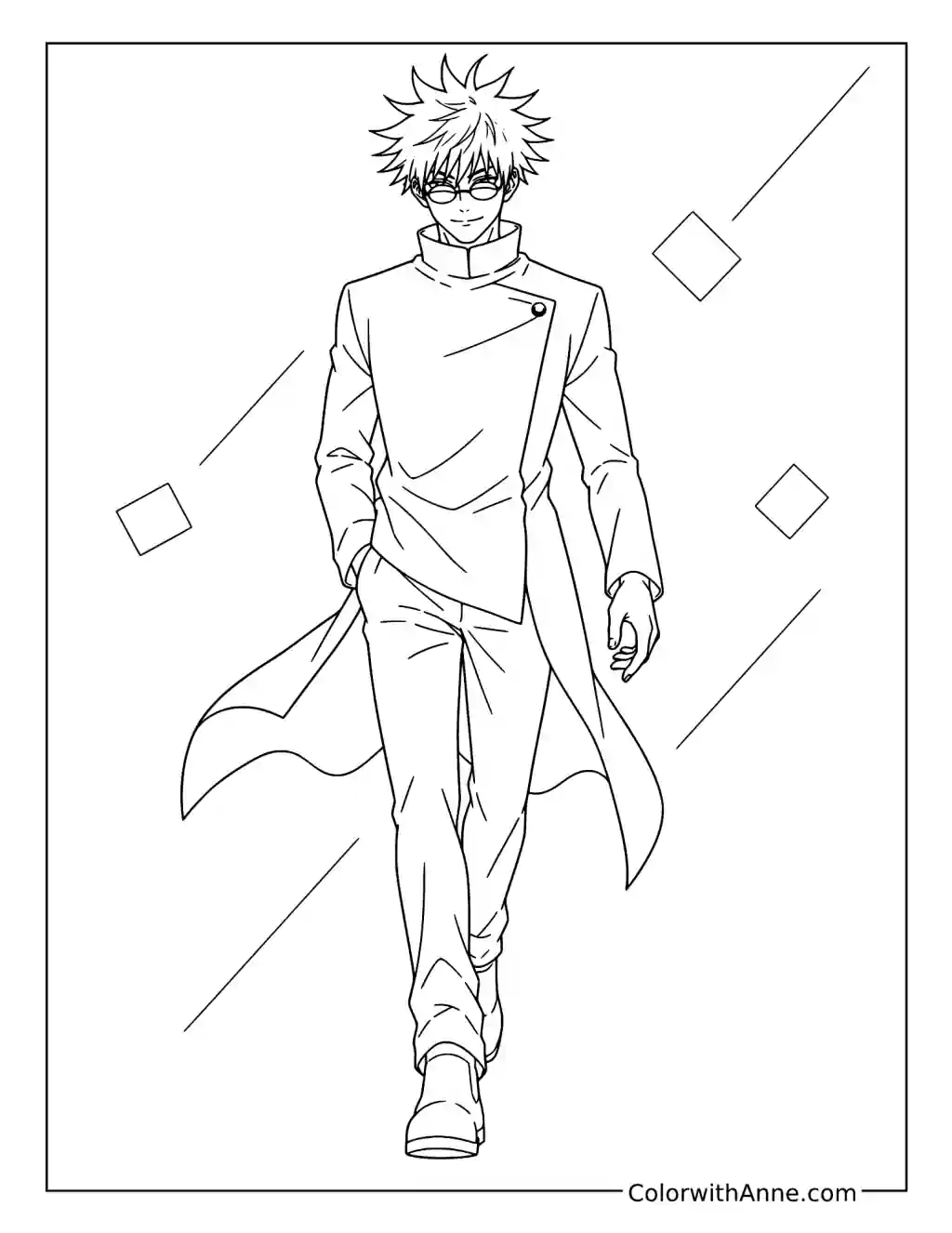 Satoru Gojo Walking Forward in a Long Jacket coloring page