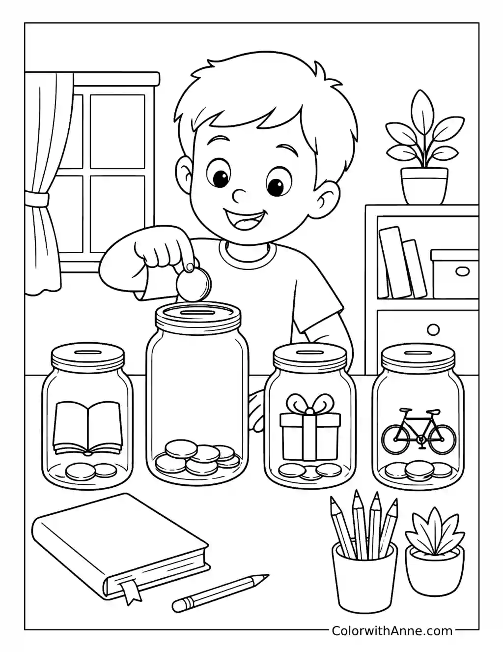 Saving Coins in Goal Jars coloring page