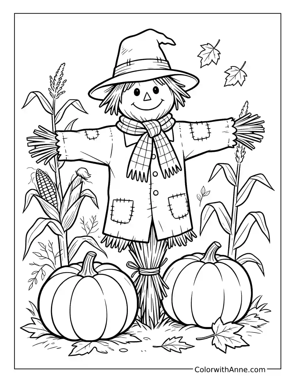 Scarecrow in a Pumpkin and Corn Garden coloring page