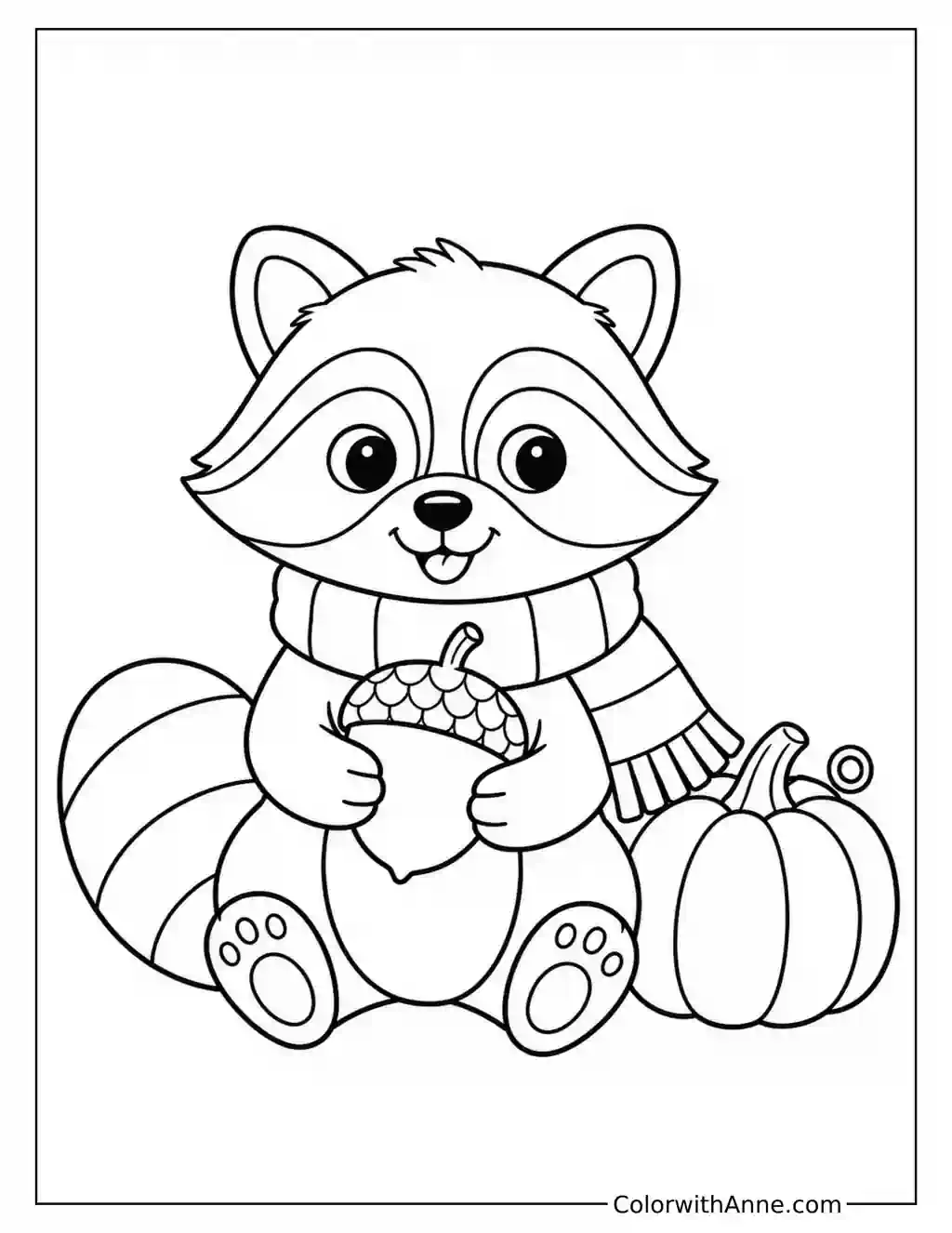 Scarf-Wearing Raccoon Holding an Acorn coloring page