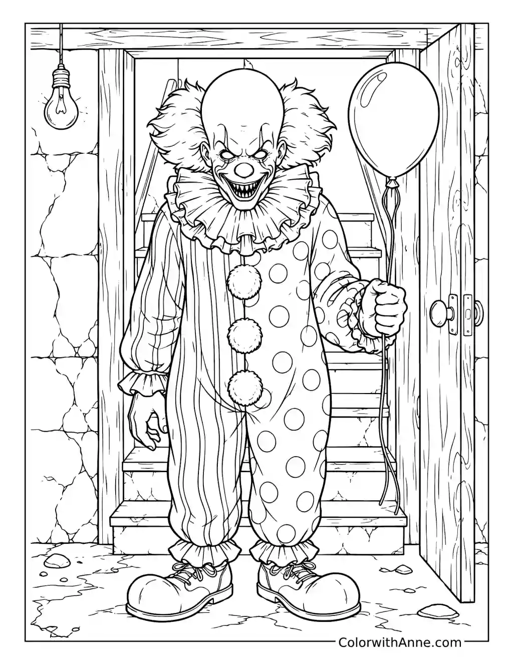 Scary Clown Holding a Balloon in a Basement coloring page