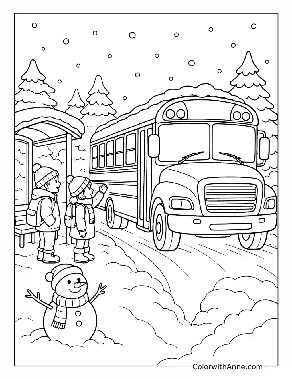 School Bus on a Snowy Morning coloring page