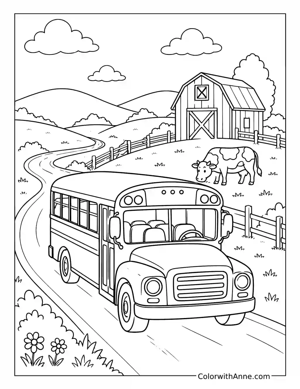 School Bus on a Winding Country Road coloring page