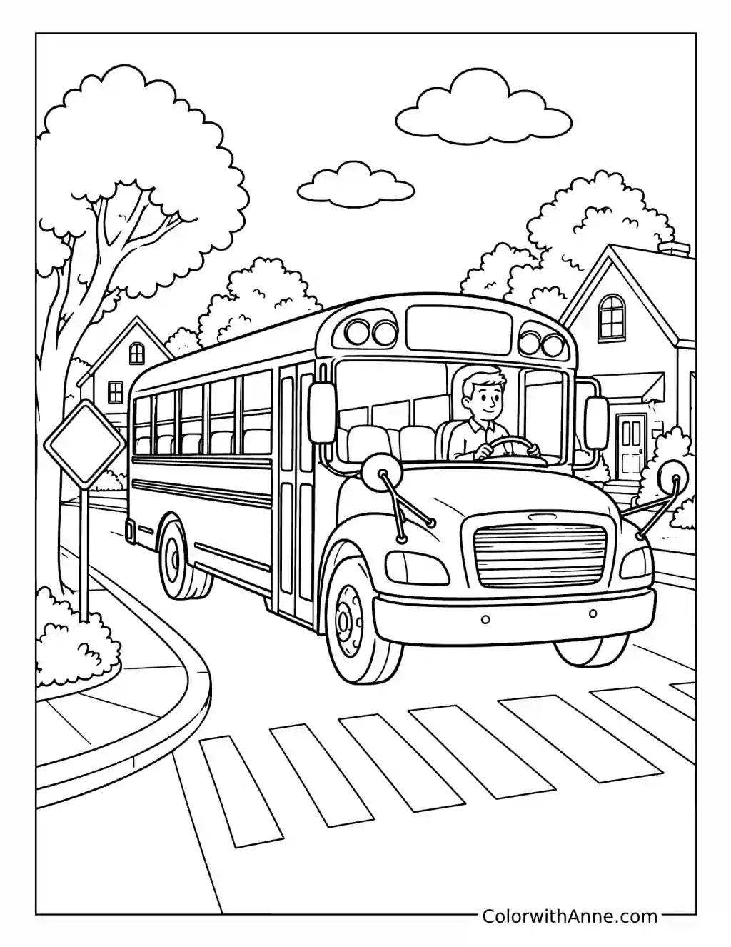 School Bus Through a Quiet Town coloring page
