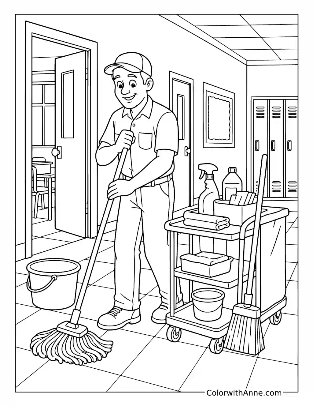 School Custodian Cleaning a Hallway coloring page