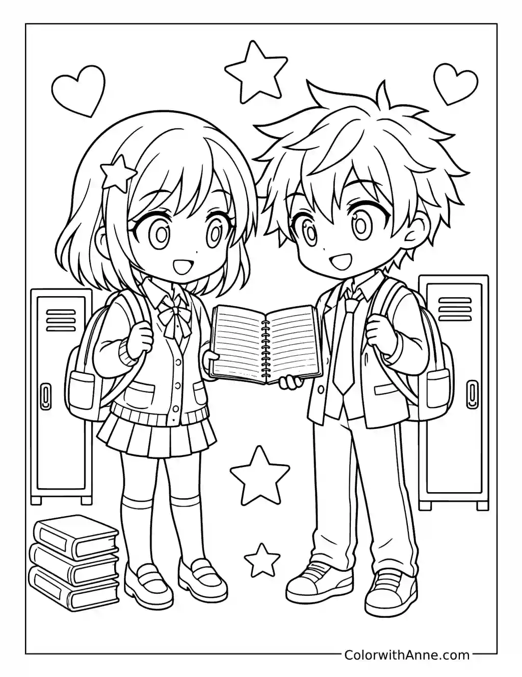 School Friends Sharing a Notebook coloring page