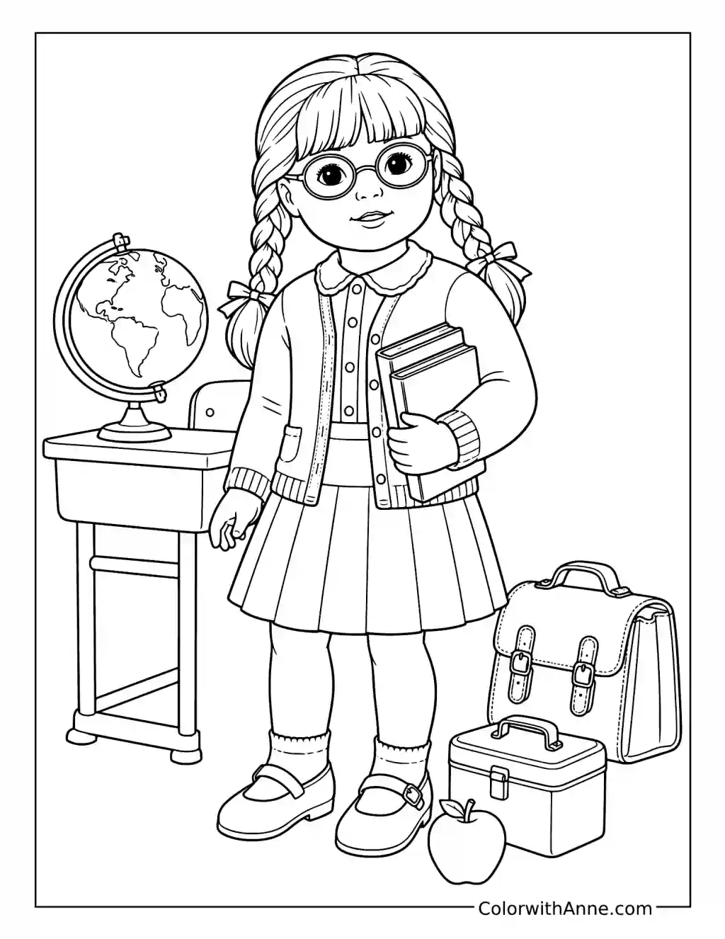Schoolgirl Doll with Books and Globe coloring page