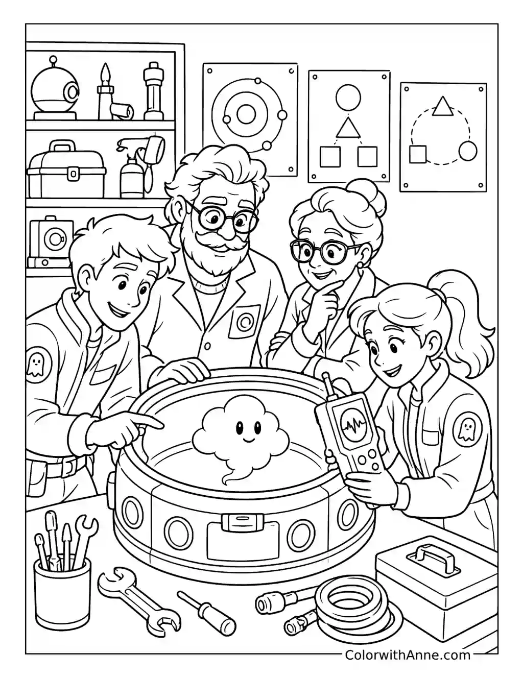 Scientists Examining a Cloud-Shaped Ghost in a Laboratory coloring page