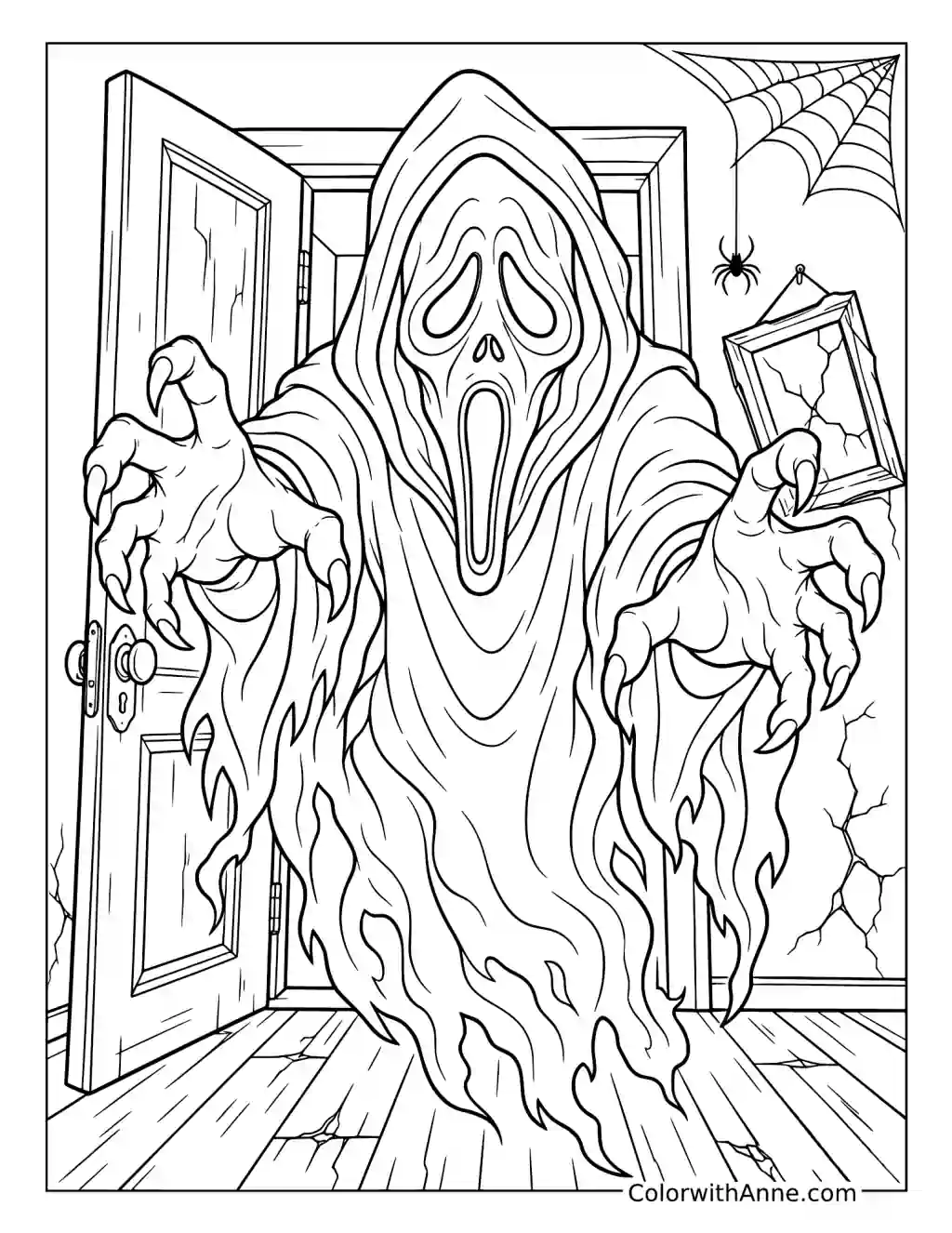 Screaming Hooded Phantom Reaching through a Doorway coloring page