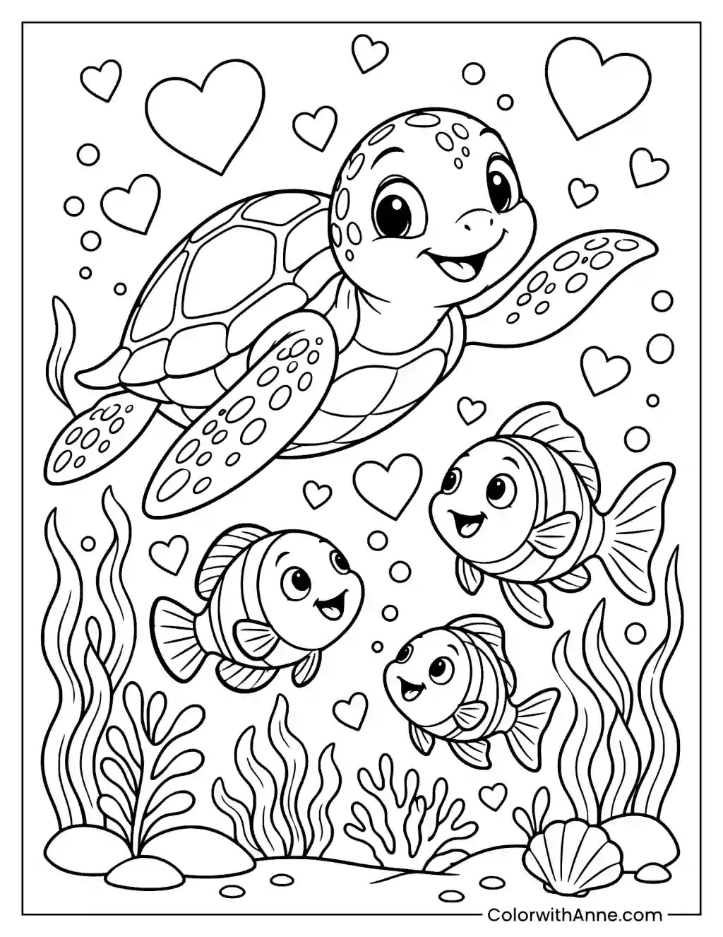 Sea Animals and Hearts Coloring Page