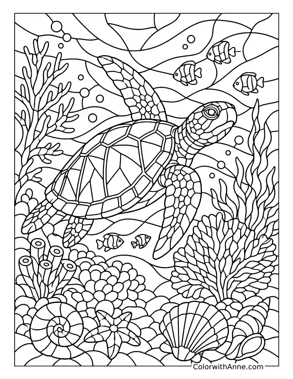 Sea Turtle and Coral Reef Stained Glass coloring page