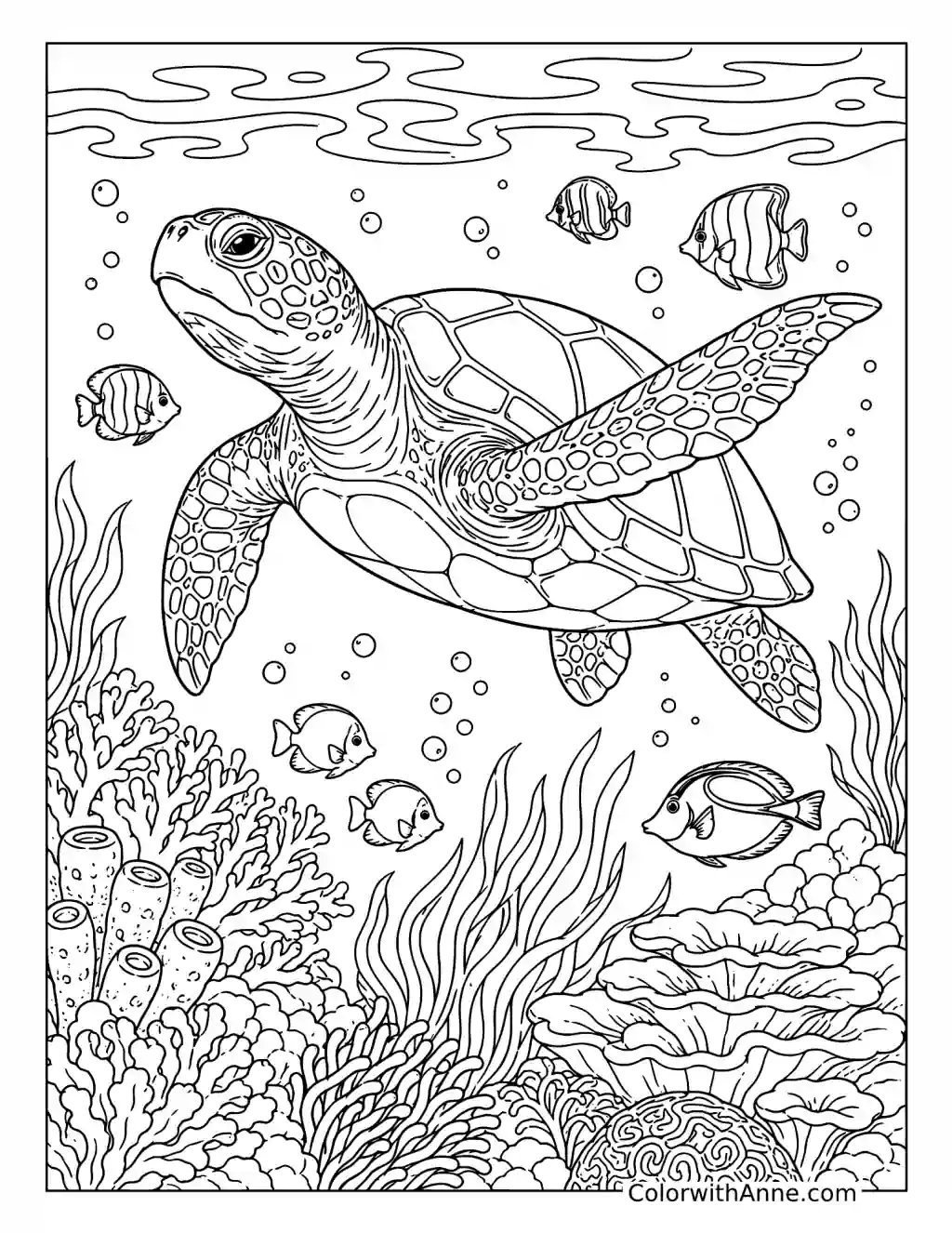 Sea Turtle over a Coral Reef coloring page
