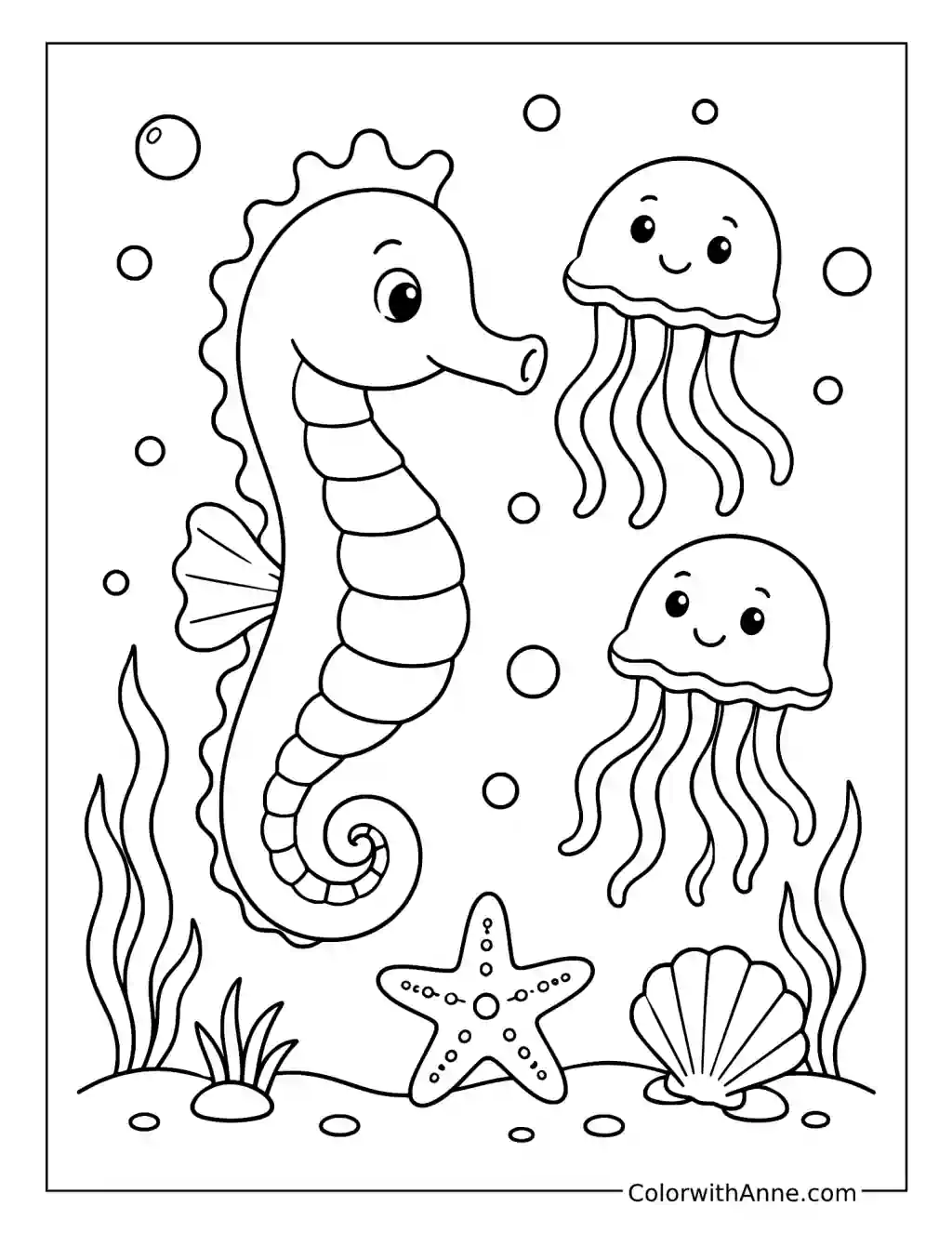 Seahorse and Jellyfish coloring page