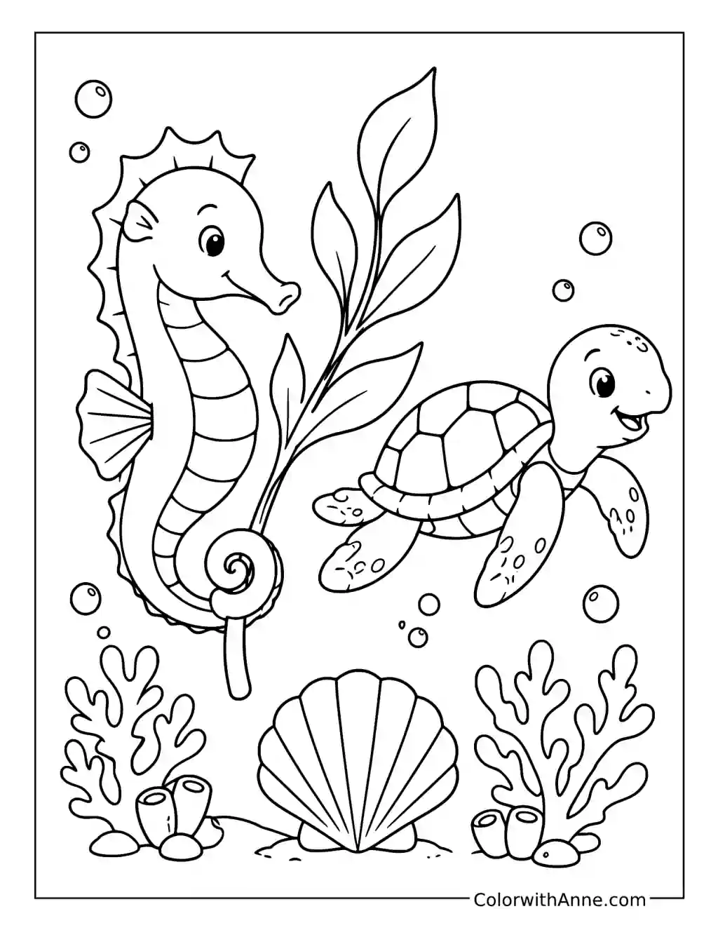 Seahorse and Sea Turtle coloring page