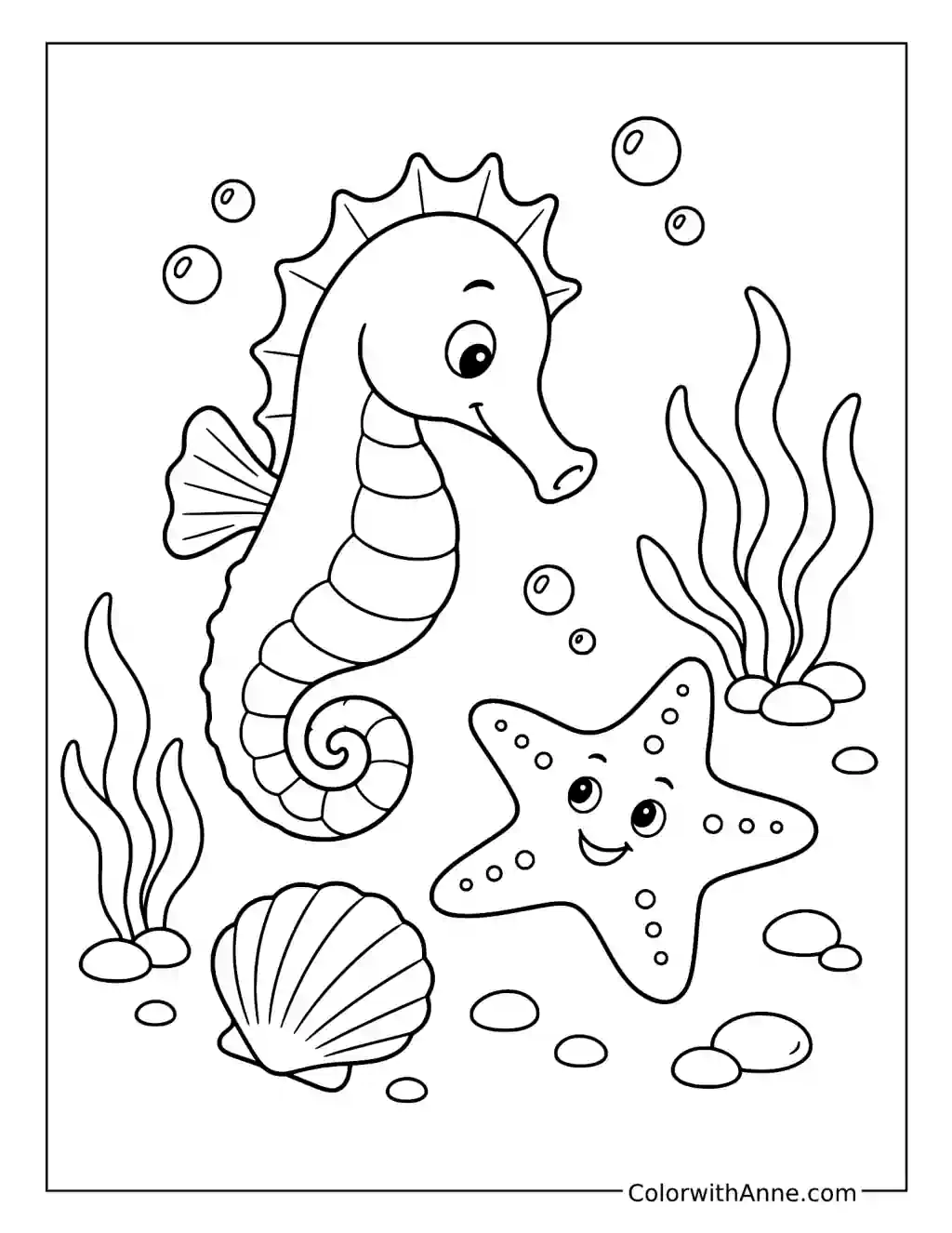 Seahorse and Starfish Friends coloring page