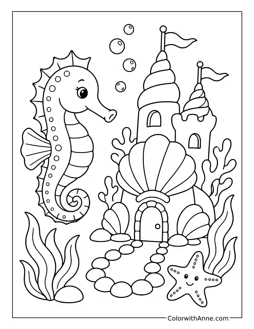 Seahorse Underwater Castle coloring page