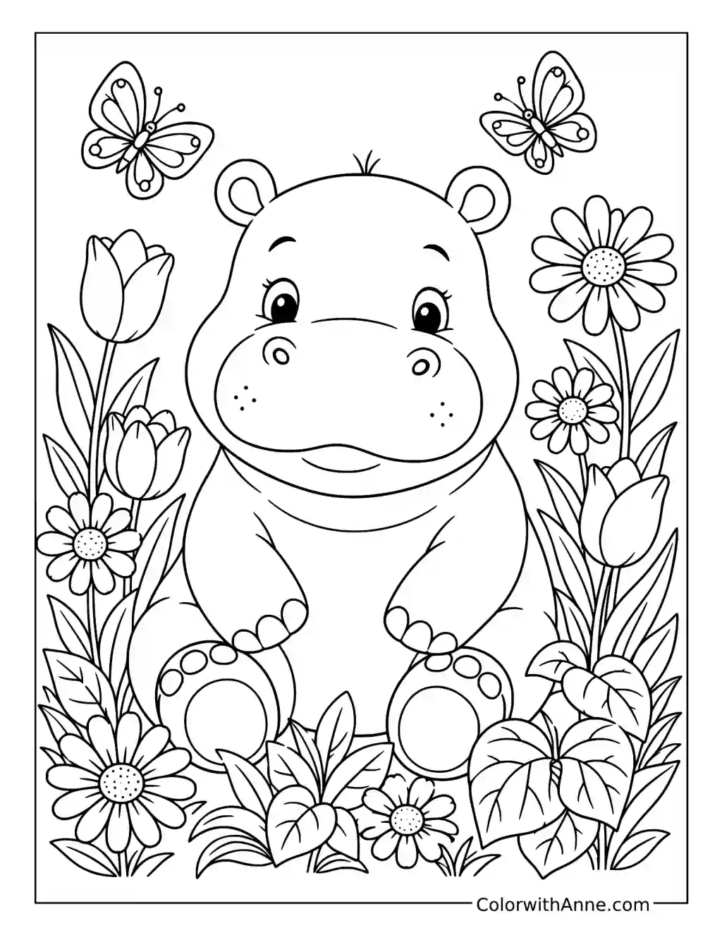 Seated Hippo Among Flowers and Butterflies coloring page