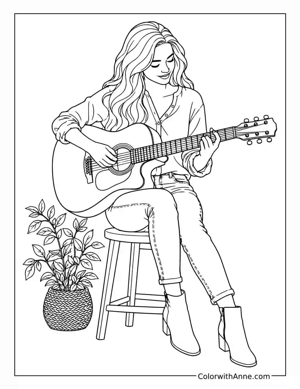 Seated Woman Playing Acoustic Guitar coloring page
