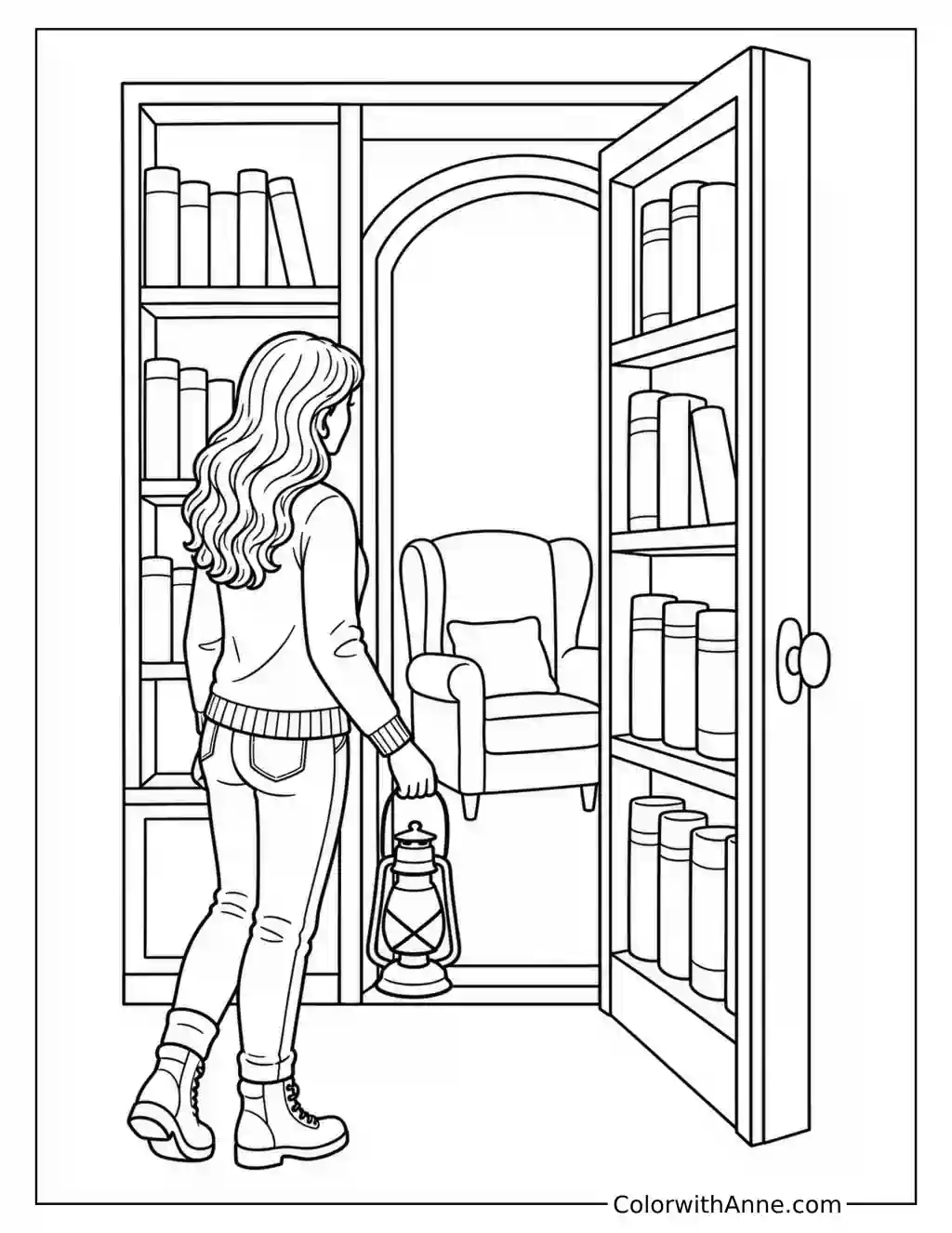 Secret Door Behind the Bookshelf coloring page