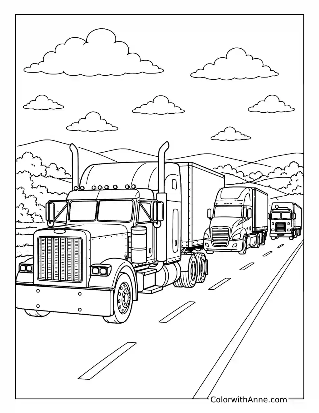 Semi Truck Convoy coloring page