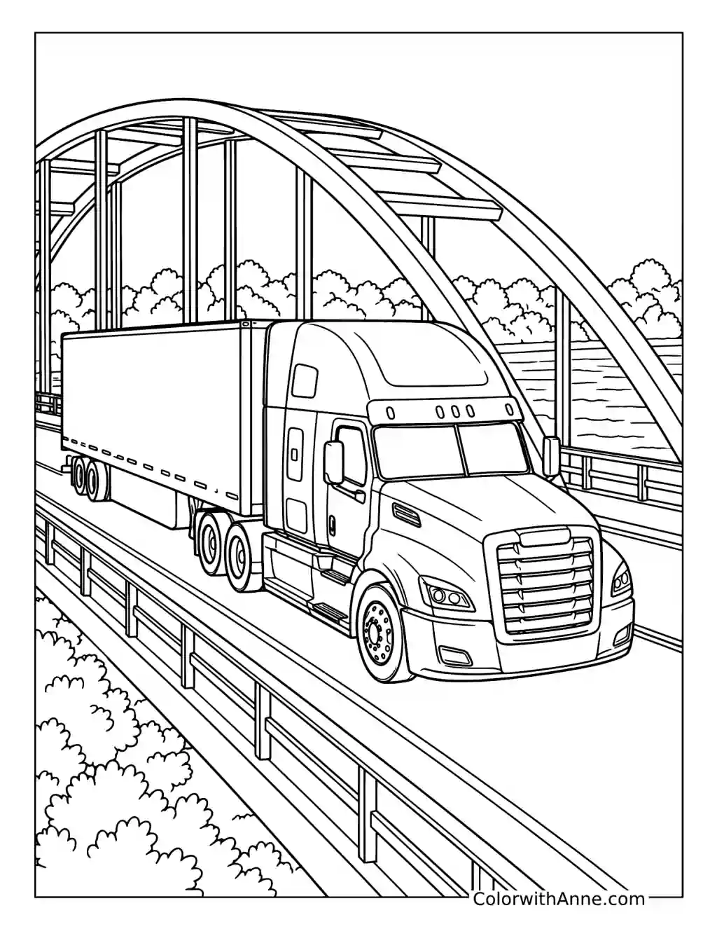 Semi Truck Crossing a Bridge coloring page