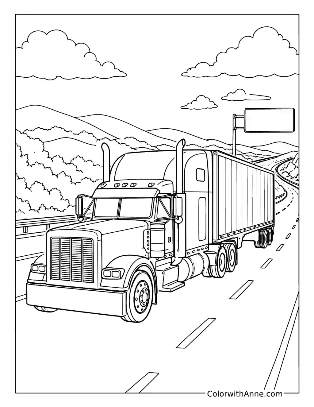 Semi Truck Driving on the Highway coloring page