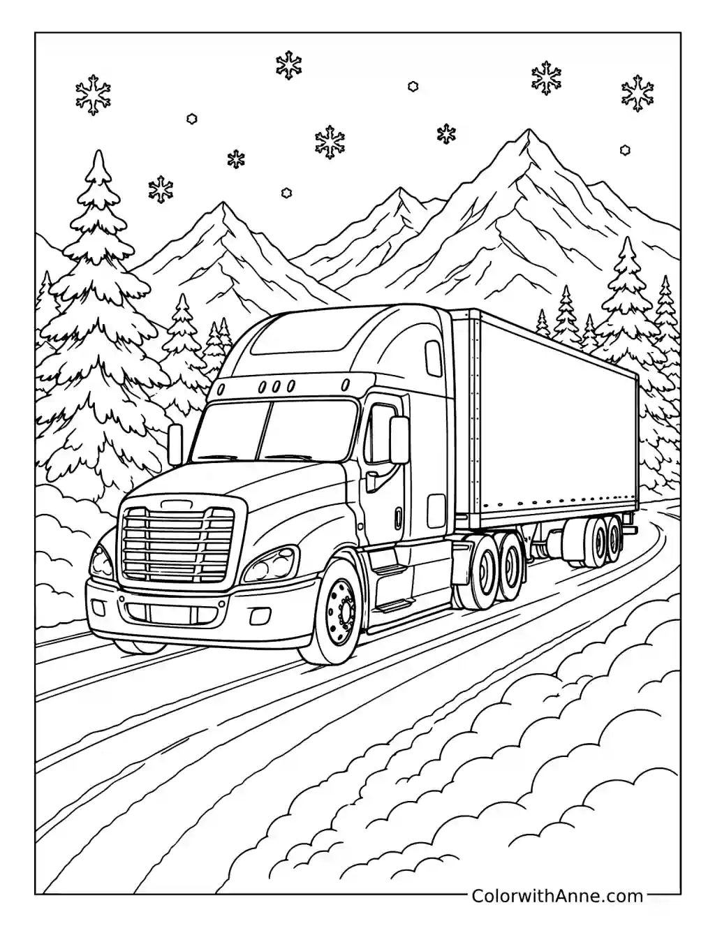 Semi Truck Driving Through Snow coloring page