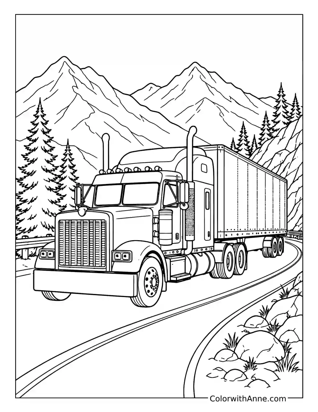Semi Truck in the Mountains coloring page