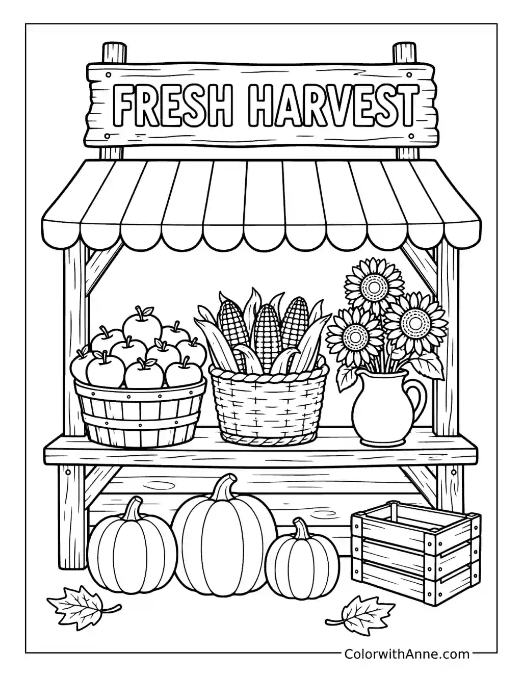 September Harvest Stand with Apples Corn and Pumpkins coloring page
