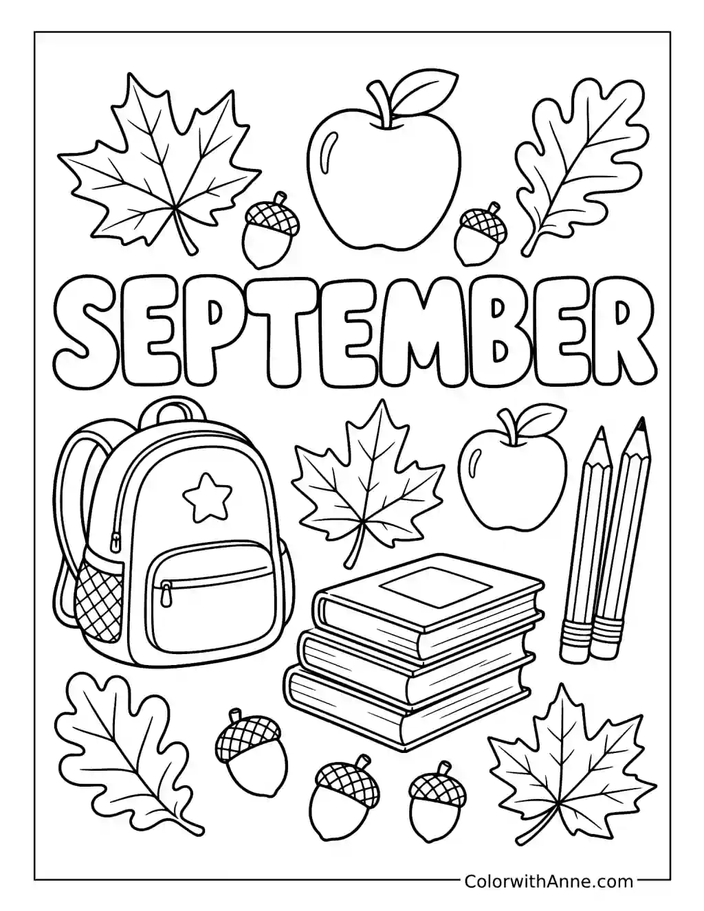 September Lettering with Books Apples and Leaves coloring page