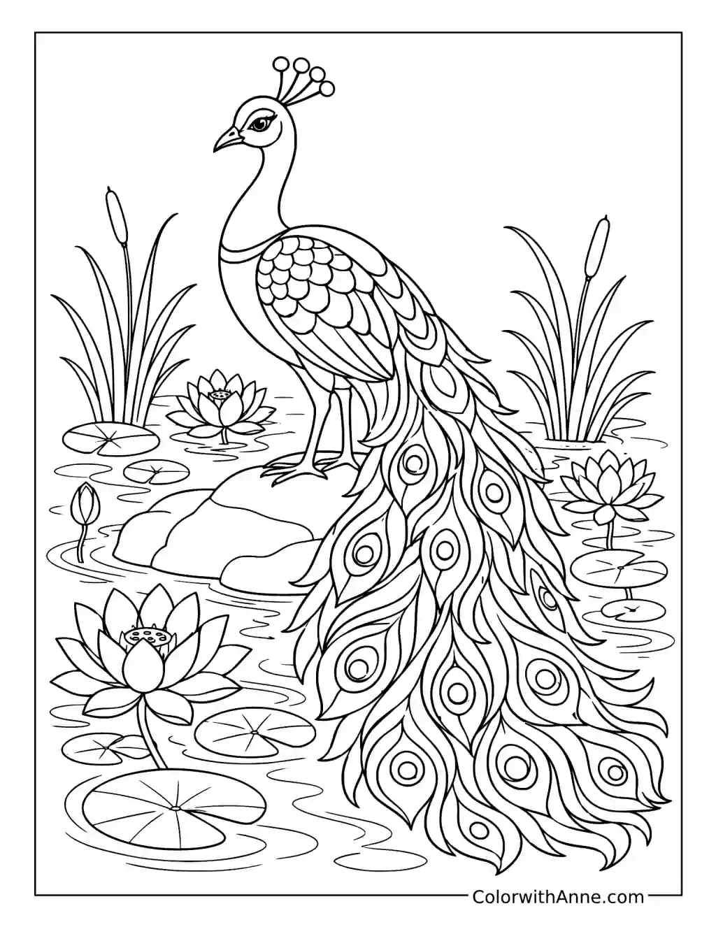 Serene Peacock at the Lotus Pond coloring page