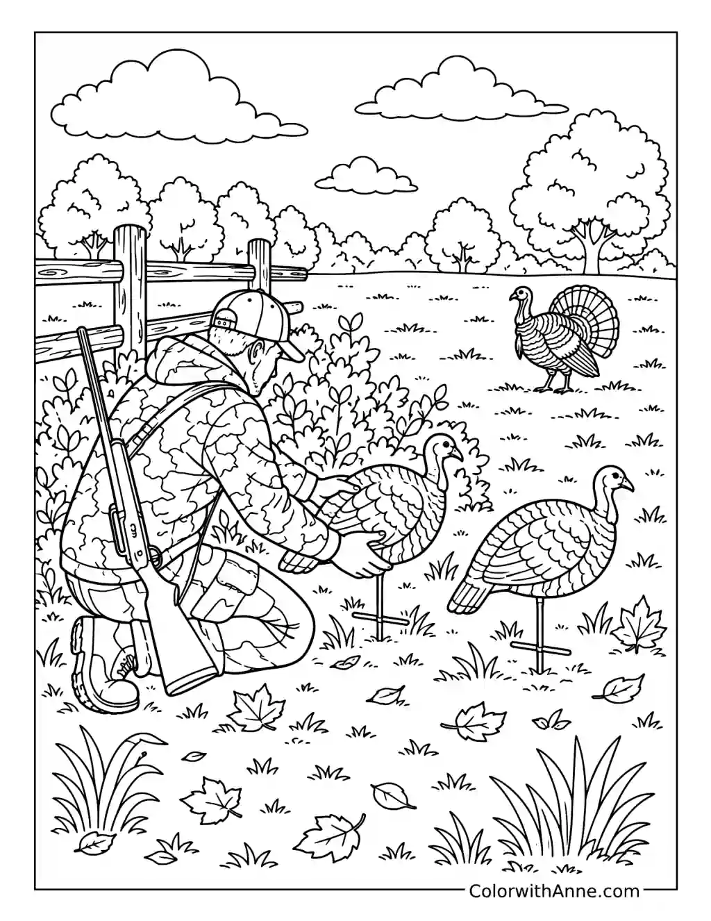 Setting Up Turkey Decoys in a Field coloring page