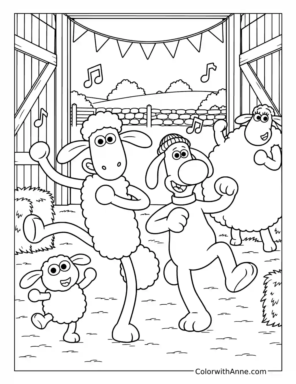 Shaun and Bitzer dance with the flock inside open barn doors beneath bunting and musical notes.