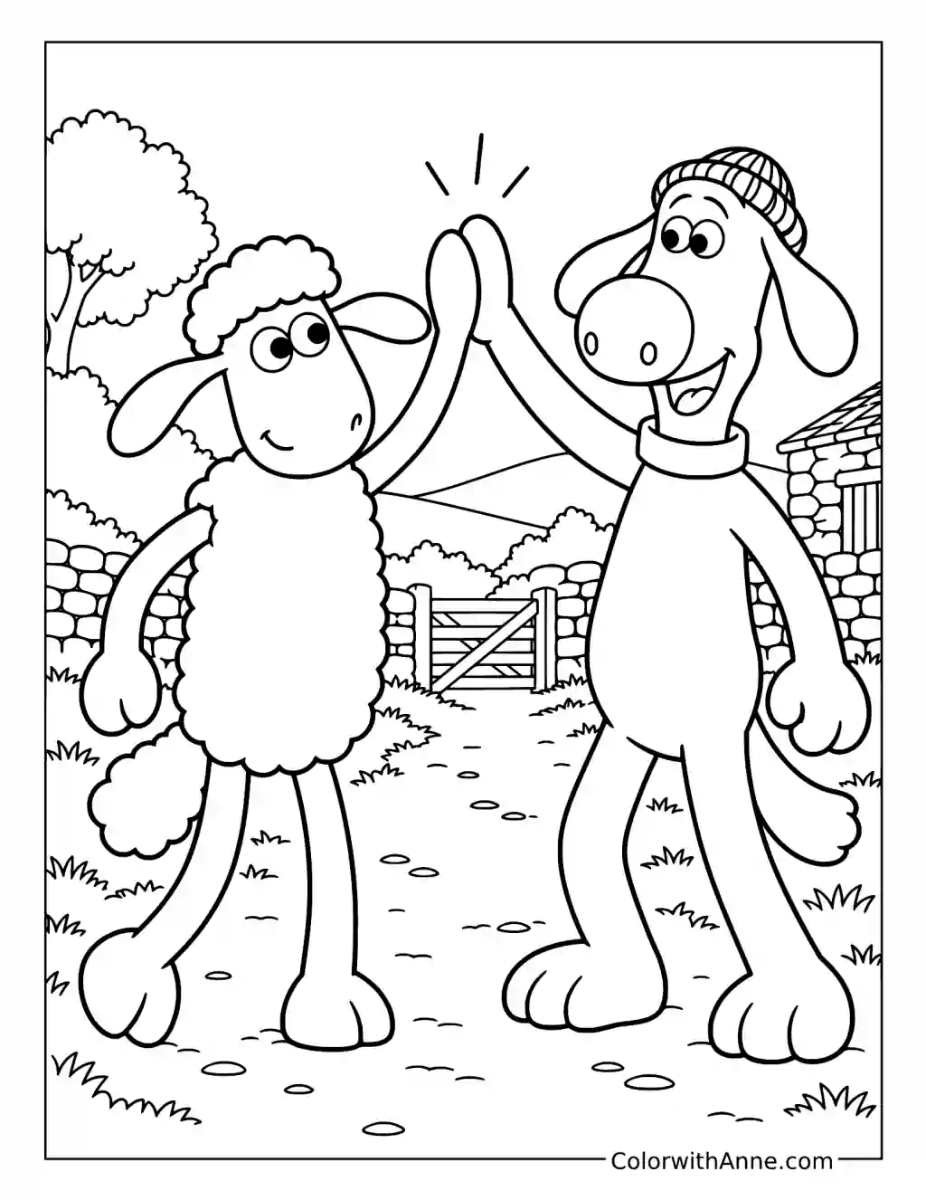 Shaun and Bitzer raise their hands for a high five on a path near the farm gate.