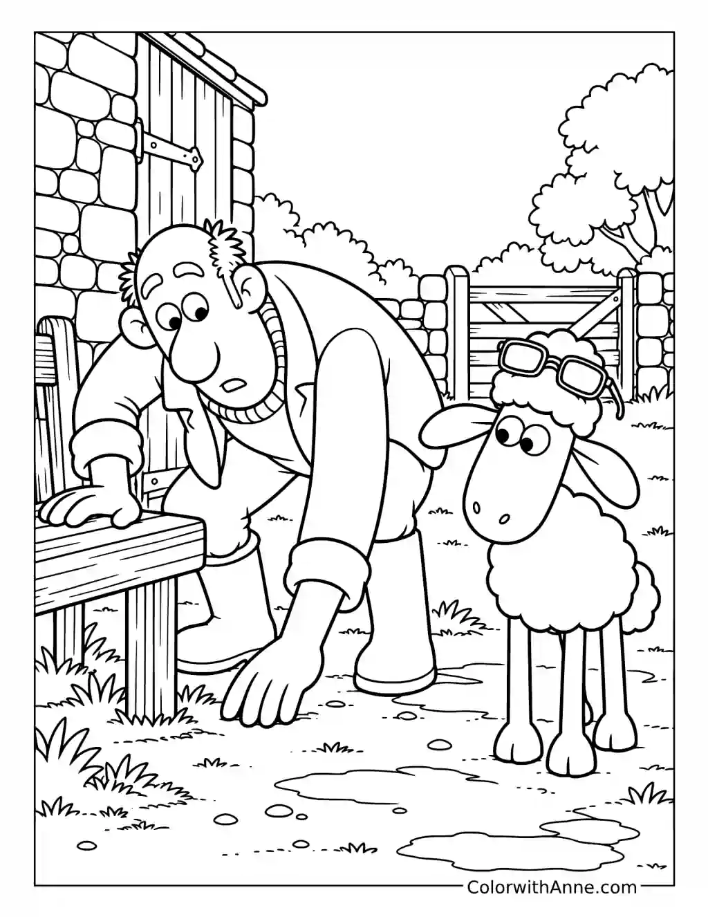The Farmer bends beside a bench while Shaun stands nearby wearing glasses on his head.